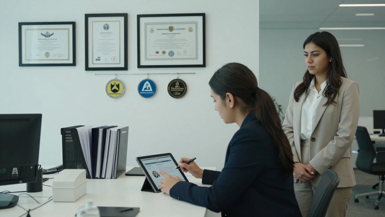 A woman reviewing client profiles in a discreet Dubai agency office with certificates on the wall.